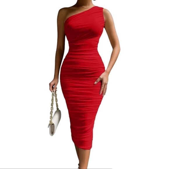 Women's Sleeveless Red Ruched Midi Dress - Picture 1 of 9